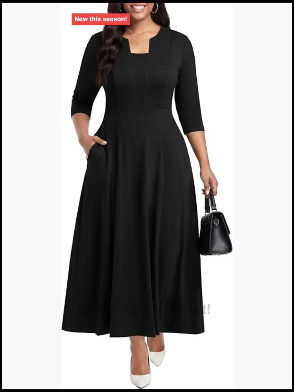 Stretchy Casual Maxi Dress with Pockets 3/4 Sleeve V-Neck A-Line